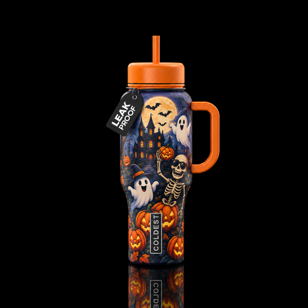 Pumpkins, Ghosts, Ghouls, and skeletons moonlit ni... water bottle design