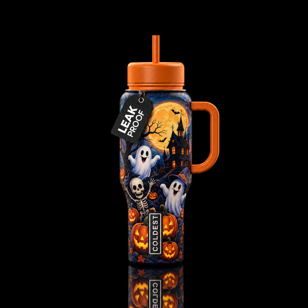 Pumpkins, Ghosts, Ghouls, and skeletons moonlit ni... water bottle design