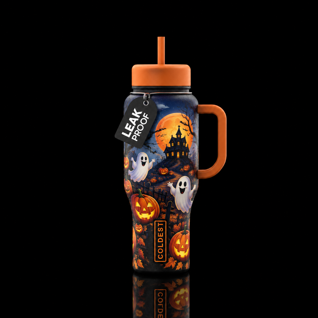 Pumpkins, Ghosts, Ghouls, and skeletons moonlit ni... water bottle design