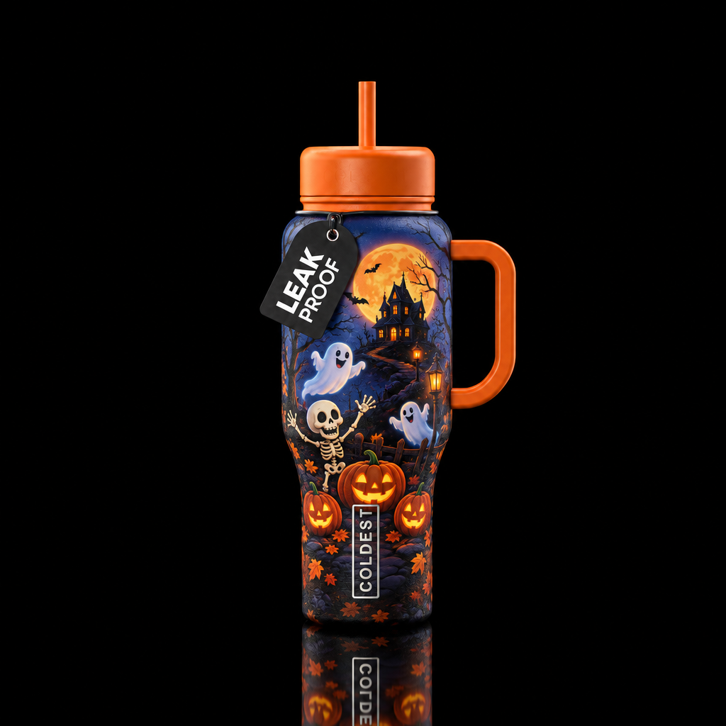 Pumpkins, Ghosts, Ghouls, and skeletons moonlit ni... water bottle design