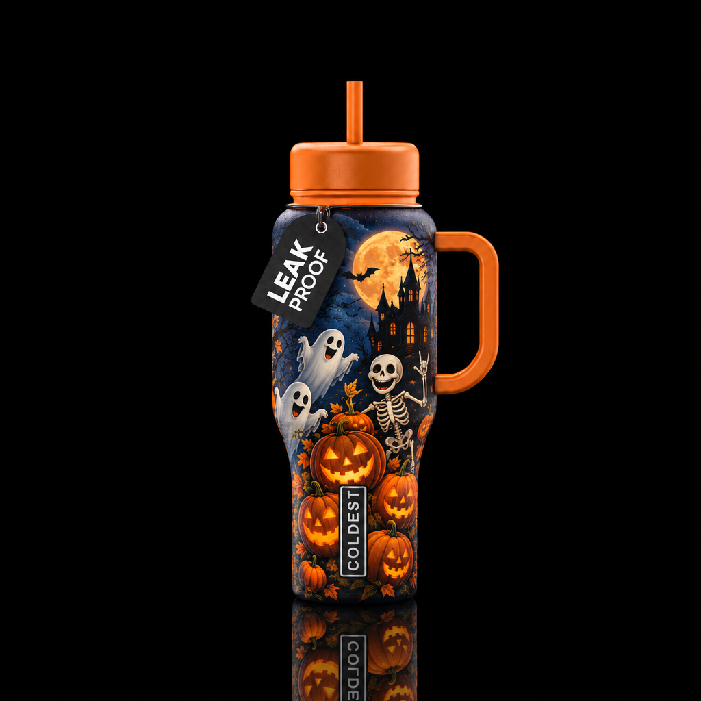 Pumpkins, Ghosts, Ghouls, and skeletons moonlit ni... water bottle design