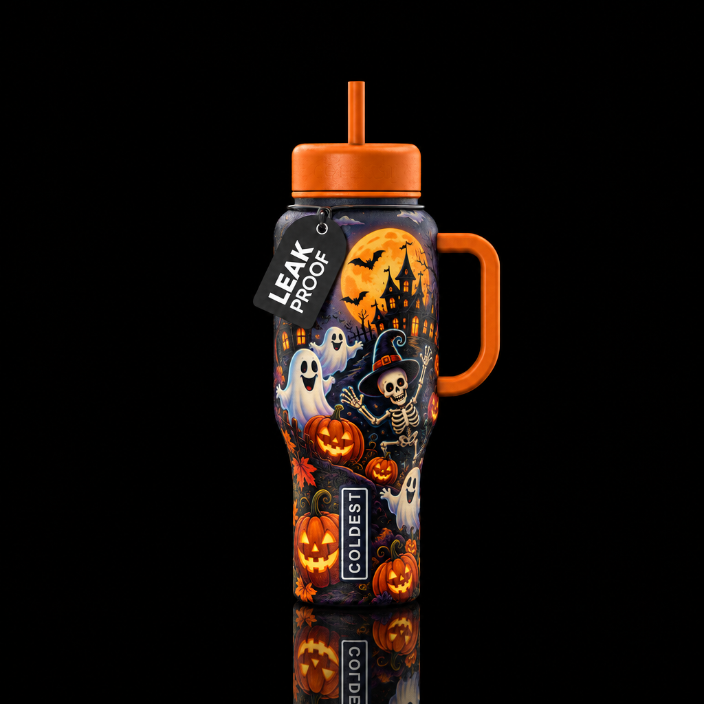 Pumpkins, Ghosts, Ghouls, and skeletons moonlit ni... water bottle design