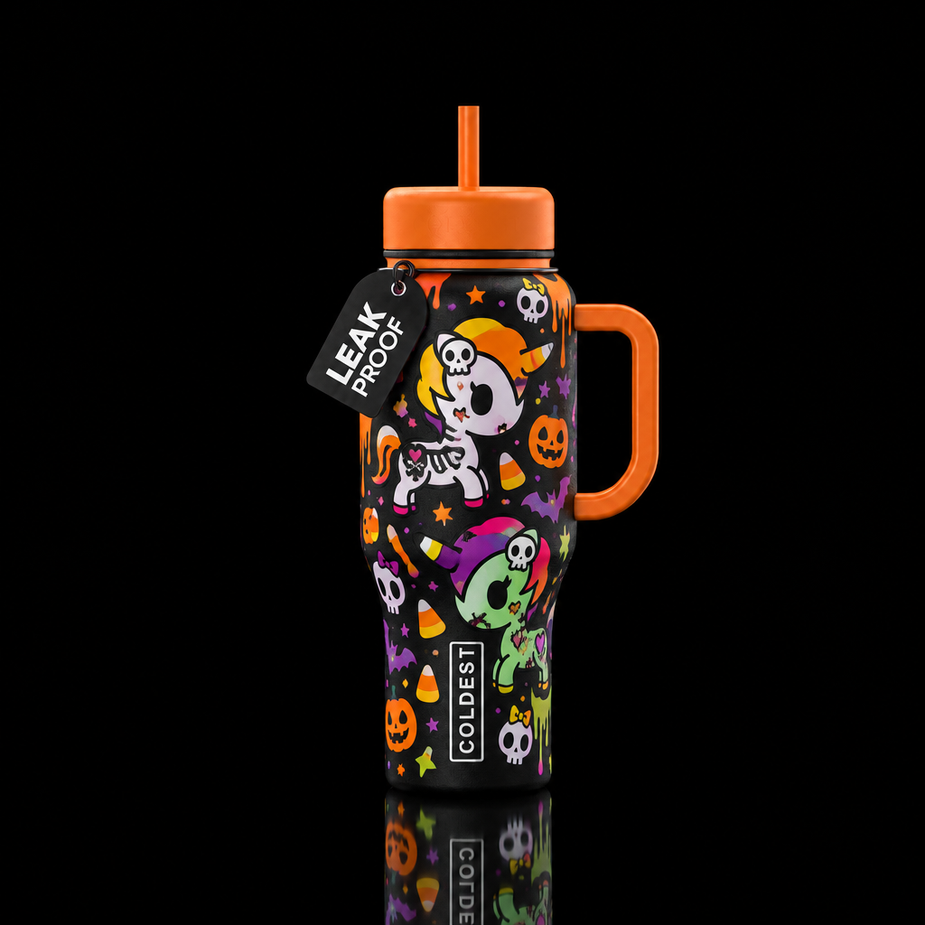 TokiDoki creepy Halloween candy corn unicorn and z... water bottle design