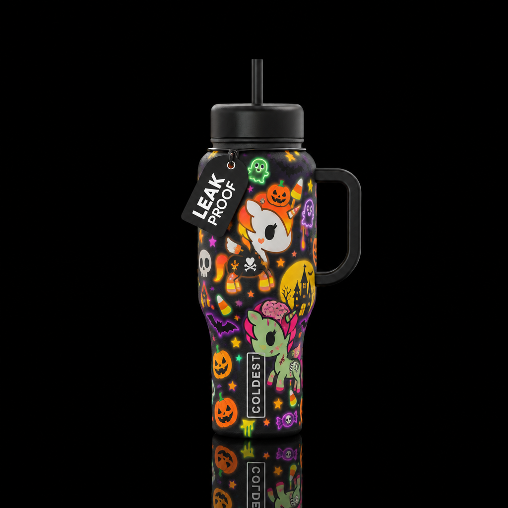 TokiDoki creepy Halloween candy corn unicorn and z... water bottle design