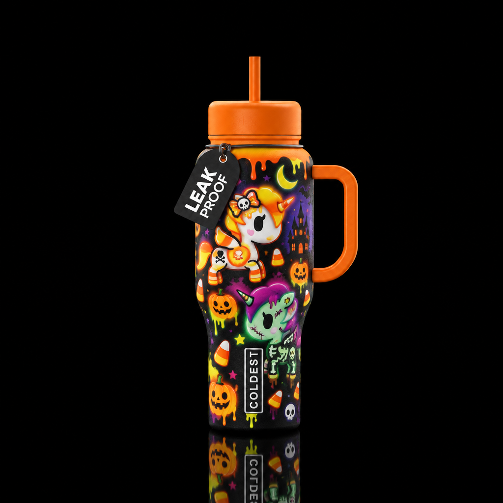TokiDoki creepy Halloween candy corn unicorn and z... water bottle design