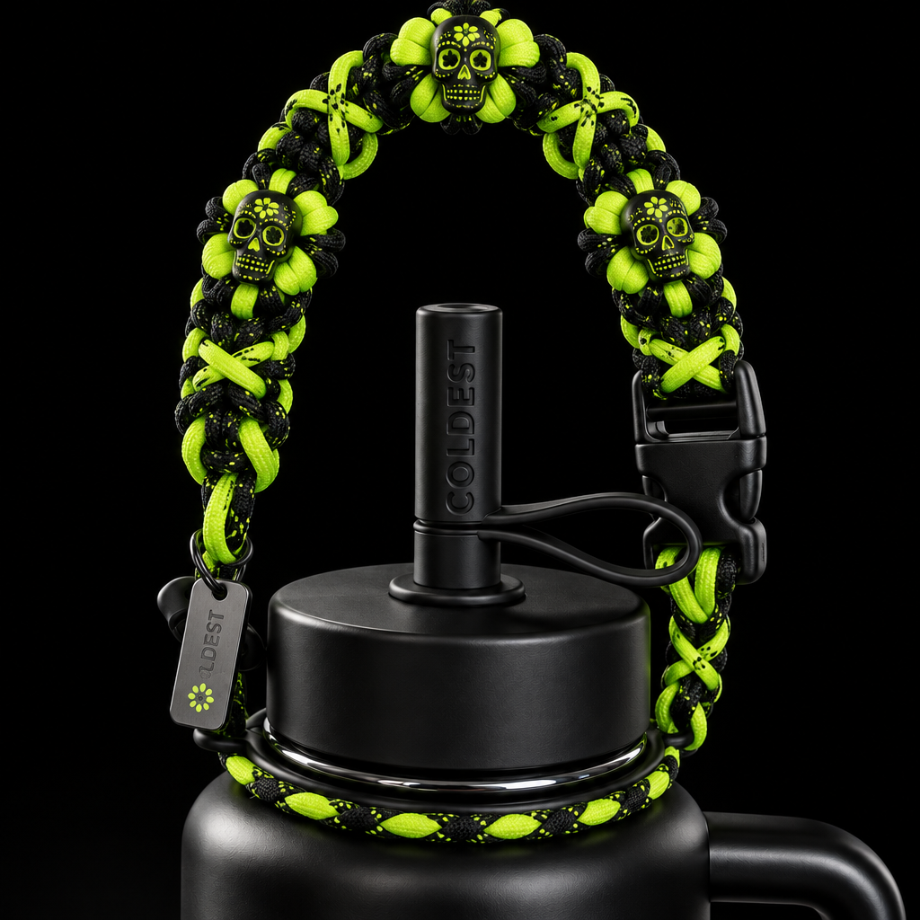 Dark neon skulls water bottle design