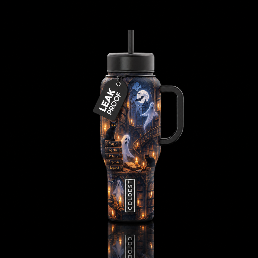 Ghost library, with ghosts,bats, black cats, darkn... water bottle design