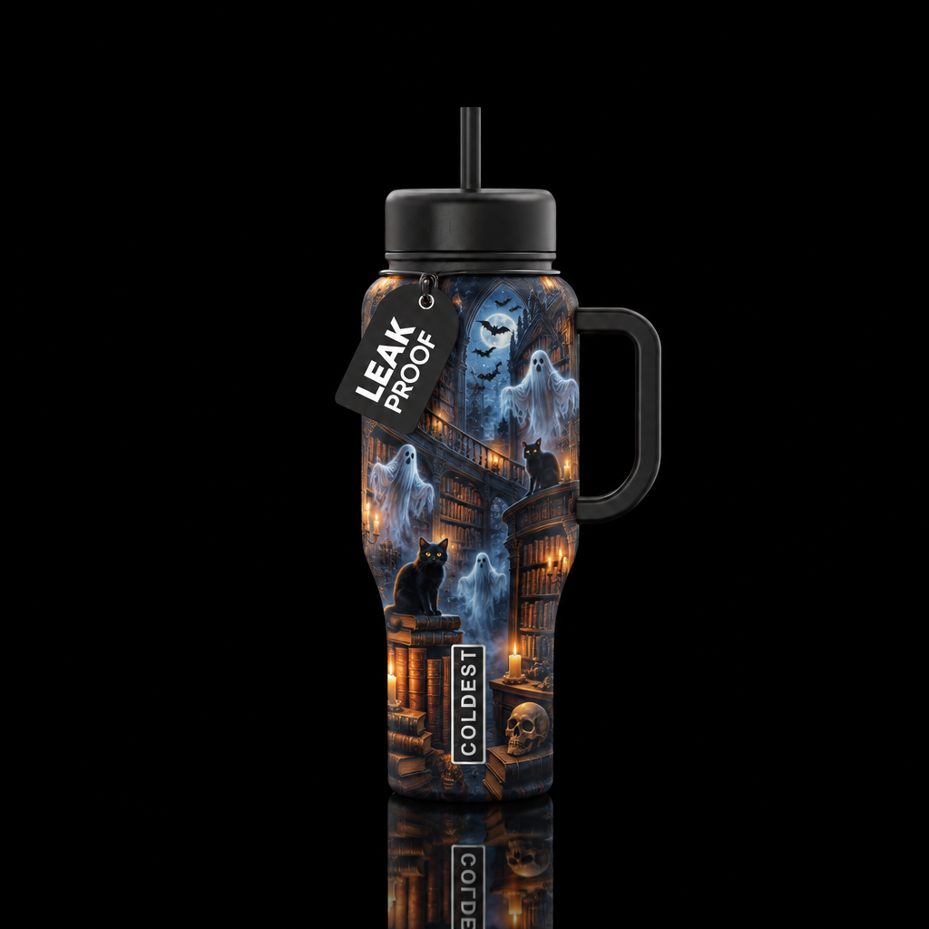 Ghost library, with ghosts,bats, black cats, darkn... water bottle design