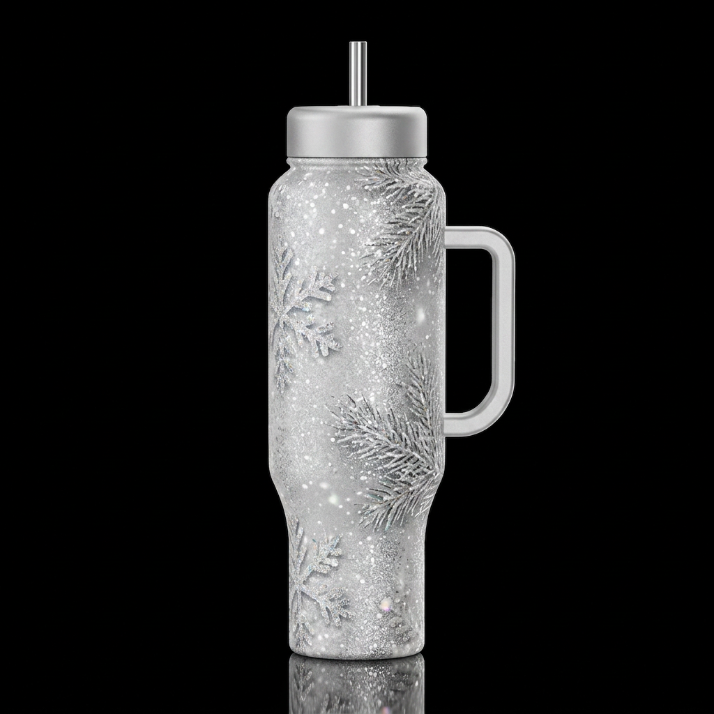 White Christmas, dreamy, silver, sparkle, white, s... water bottle design