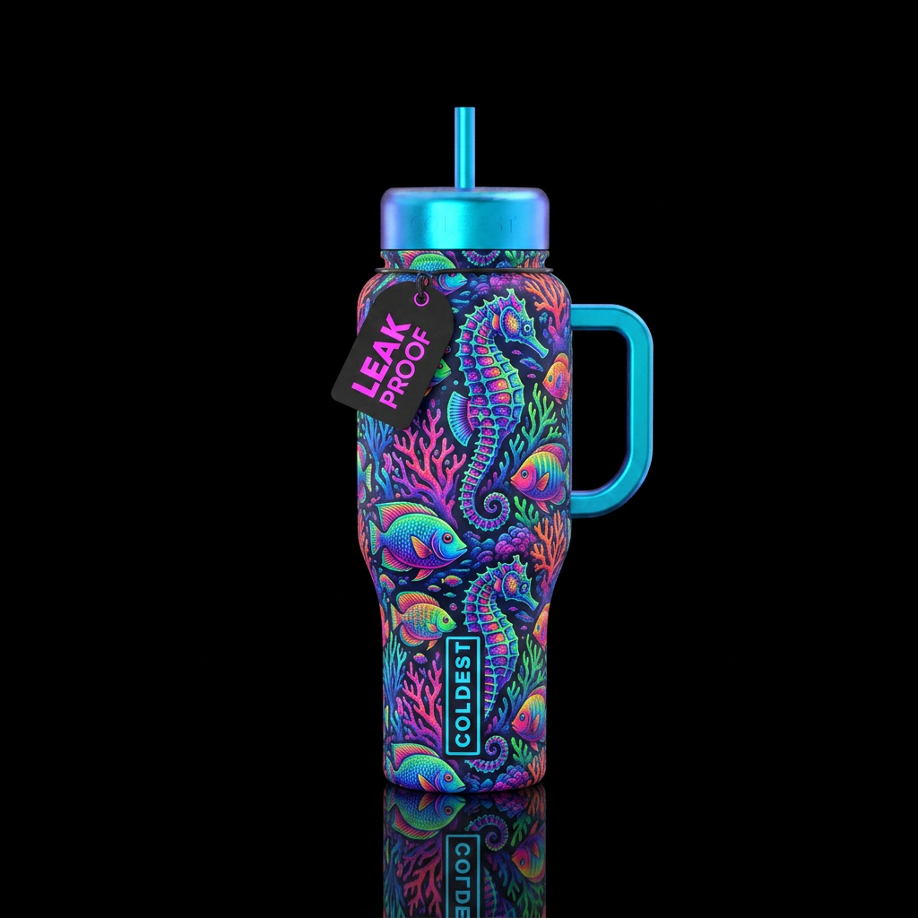 seahorses, fish, coral, neons water bottle design