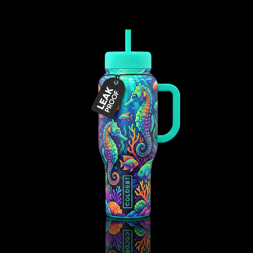 seahorses, fish, coral, neons water bottle design