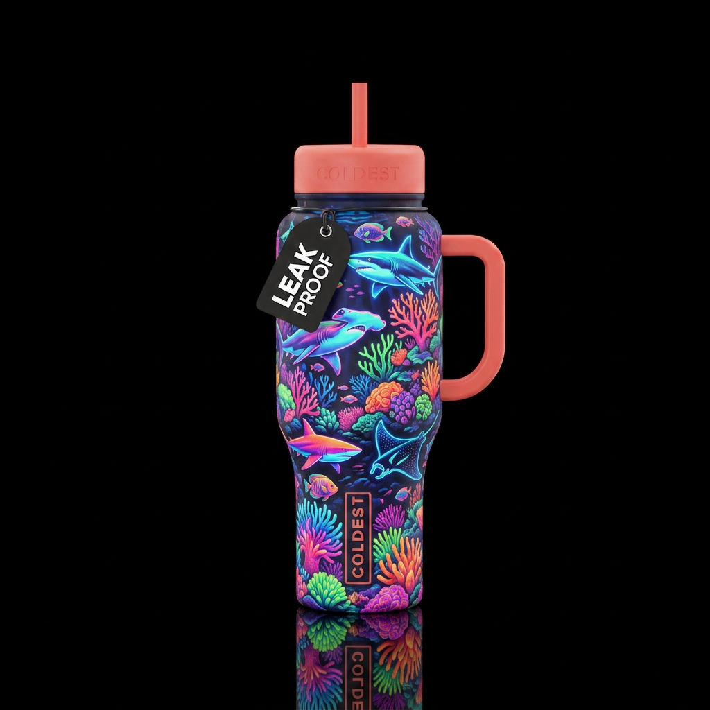 Neon, coral, fish, sharks, rays water bottle design