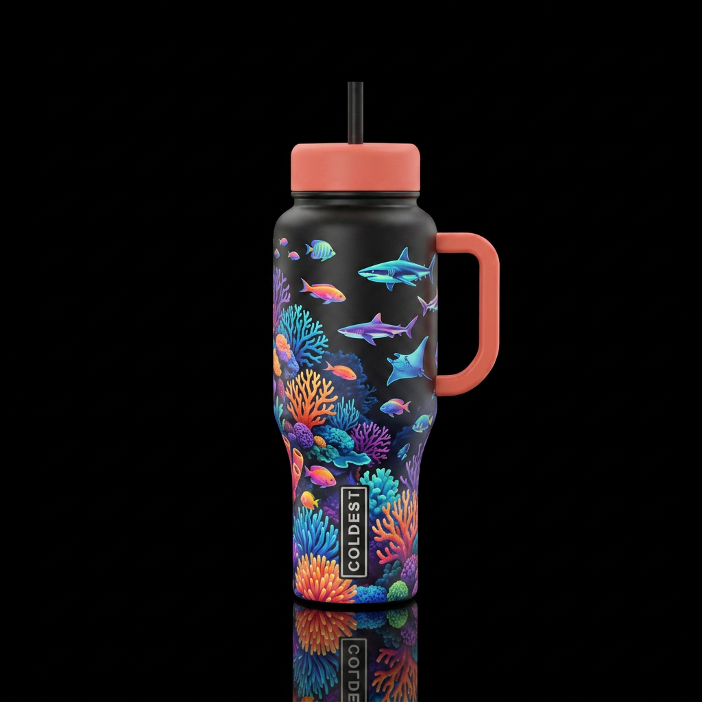 Neon, coral, fish, sharks, rays water bottle design