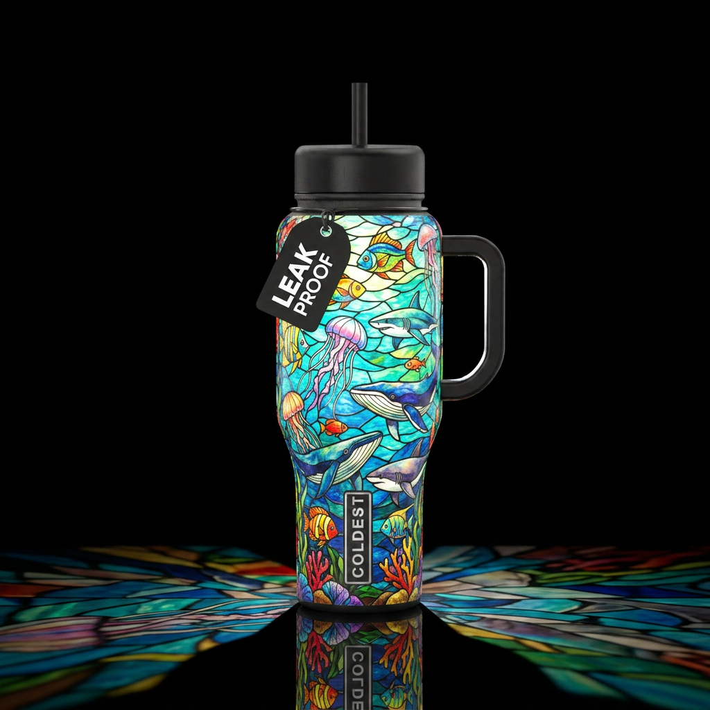 Stained glass,  ocean, fish, jelly fish, sharks, w... water bottle design