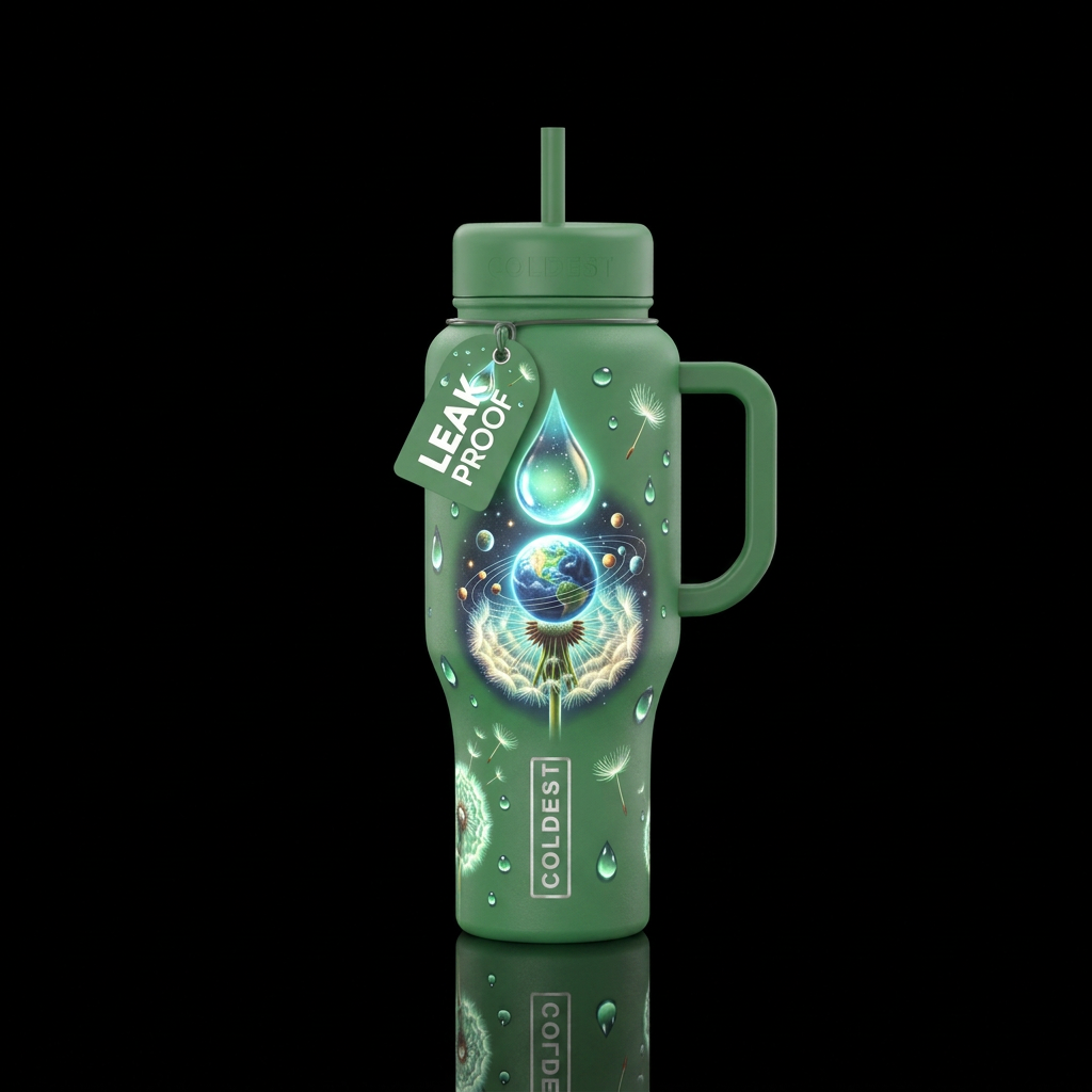 Large glowing water droplet balancing on a glowing... water bottle design
