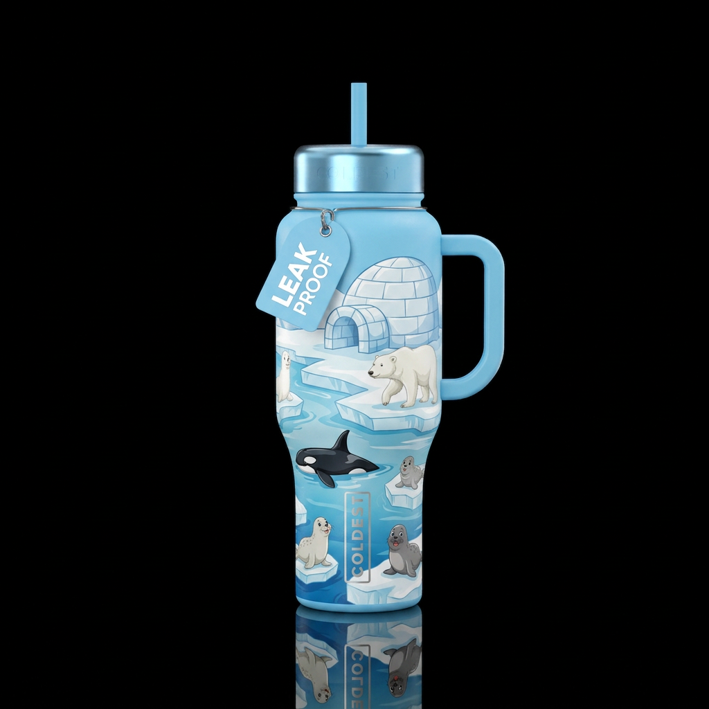 Igloo with snow falling white polar bear walking o... water bottle design