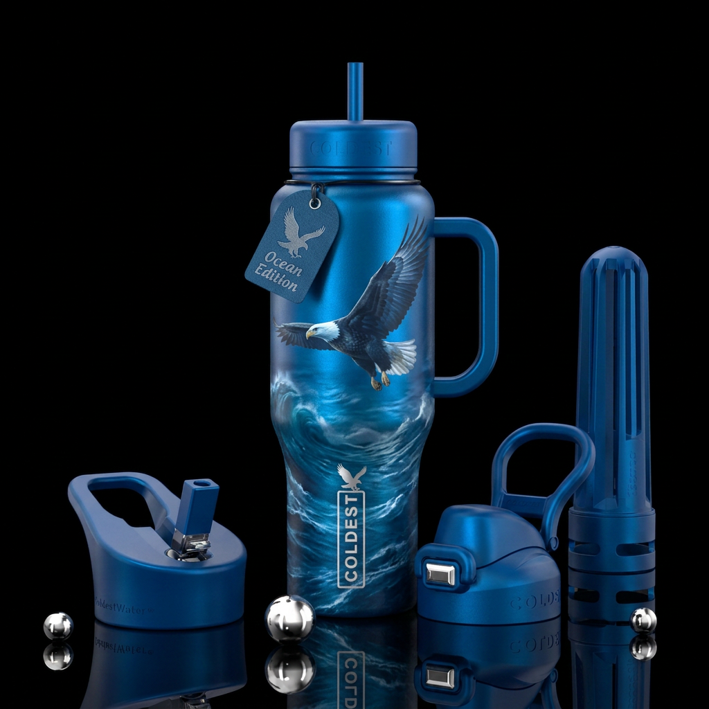 flying eagle and ocean water bottle design