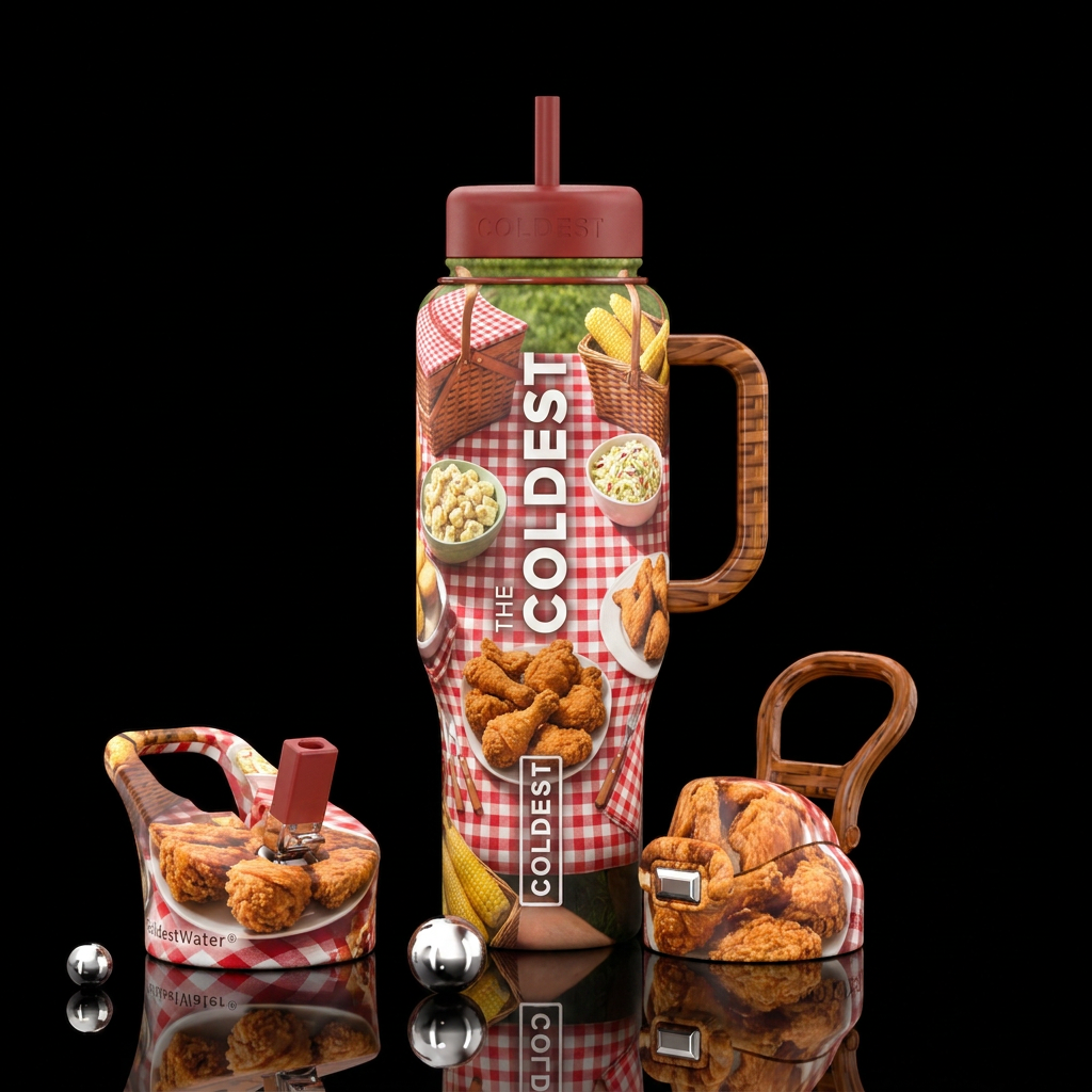 fried chicken and picnic table water bottle design