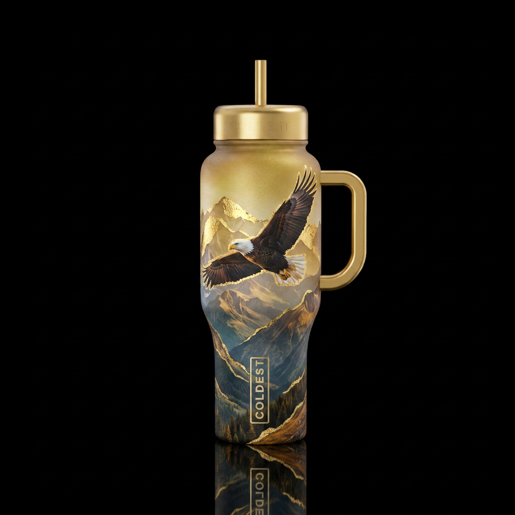 Eagle flying through mountains with gold water bottle design