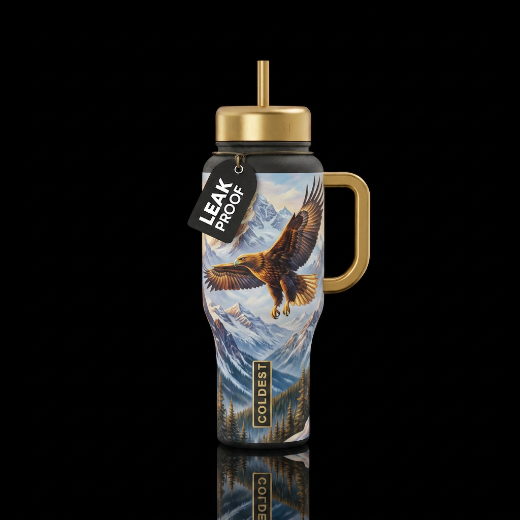 Eagle flying through mountains with gold water bottle design