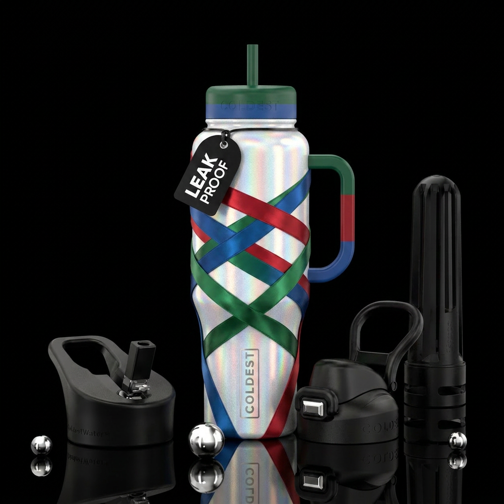 White holographic bottle wound with red, blue, gre... water bottle design
