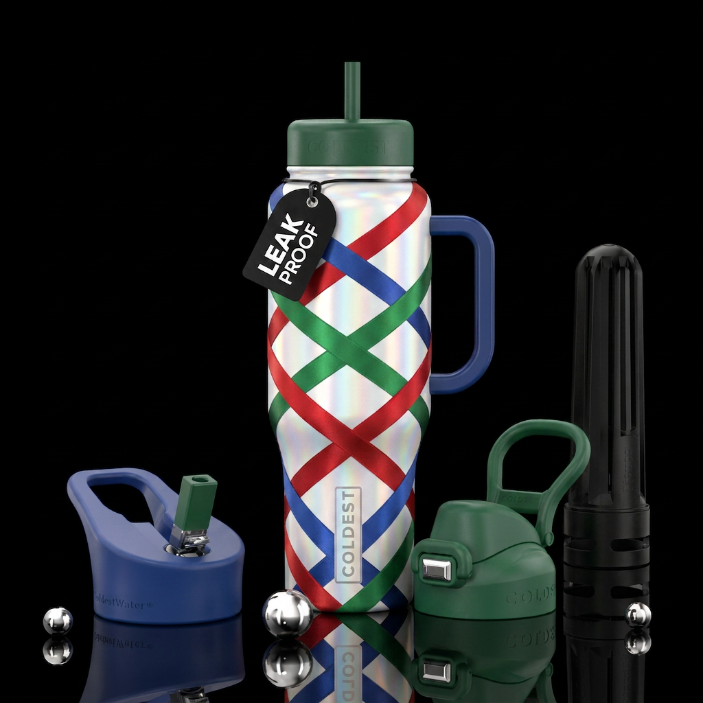 White holographic bottle wound with even spaced di... water bottle design
