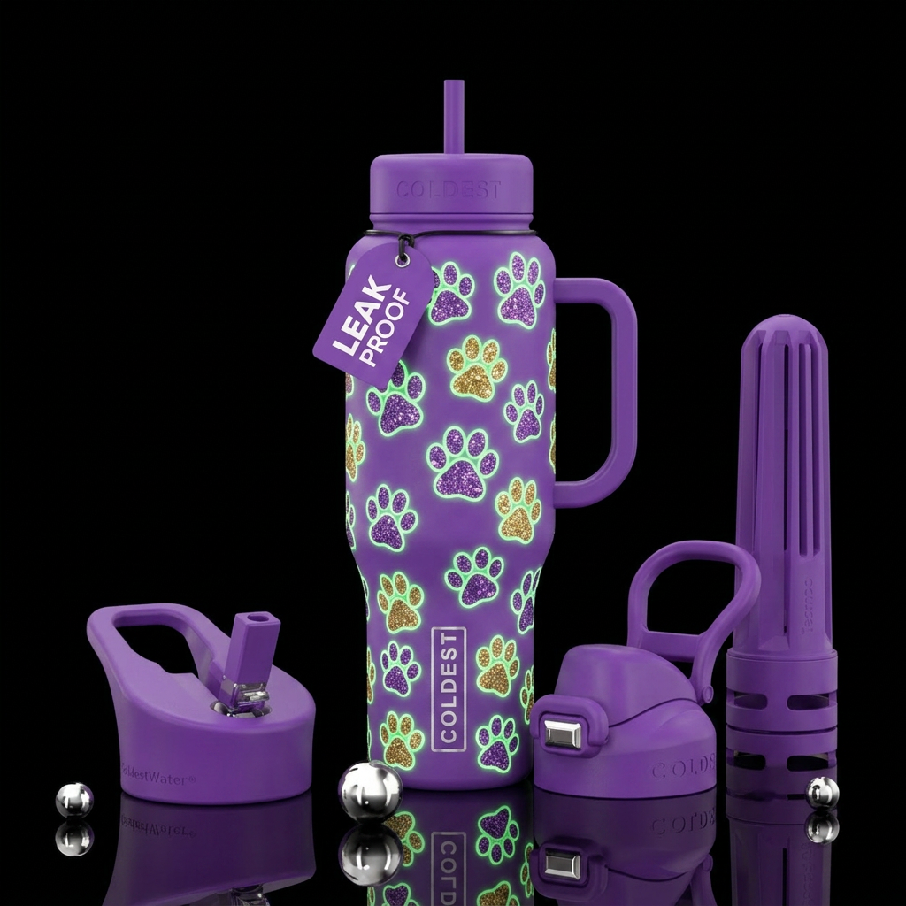 Glitter paw prints with glow in the dark outlines water bottle design