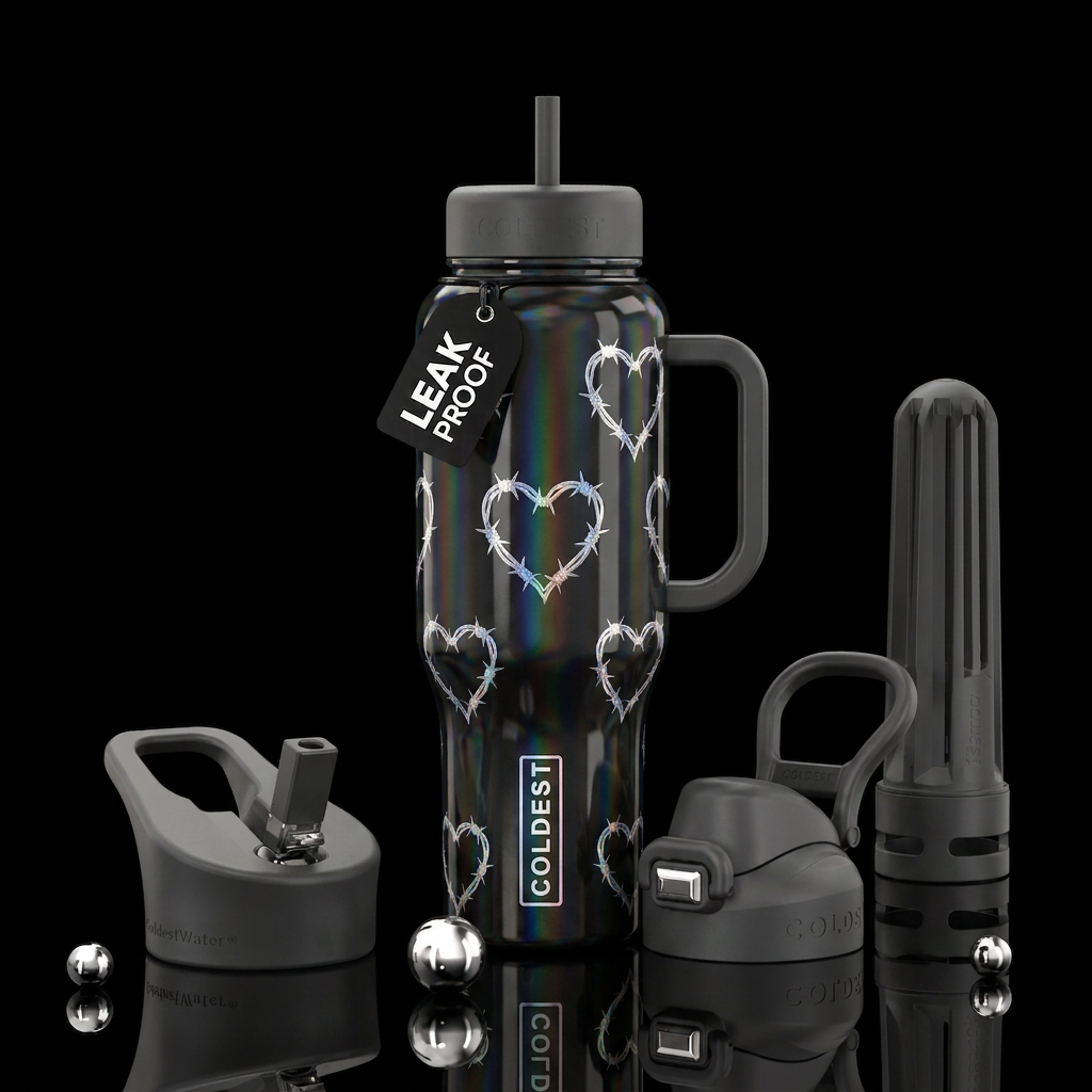 Black holographic bottle with scattered silver hol... water bottle design