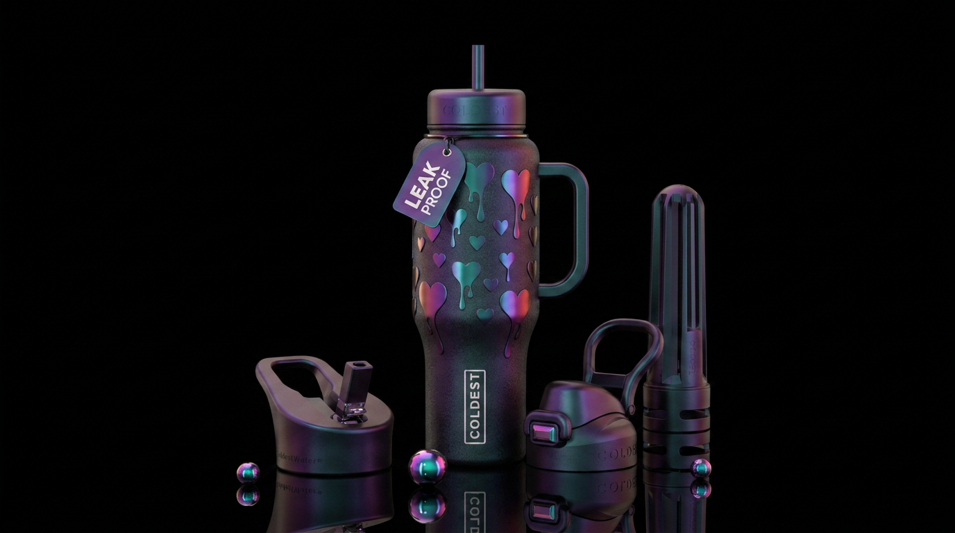 Iridescent hearts dripping water bottle design