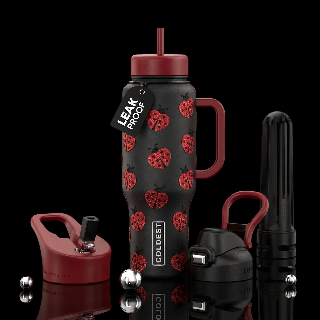 Glitter red ladybug with heart shaped bodies water bottle design