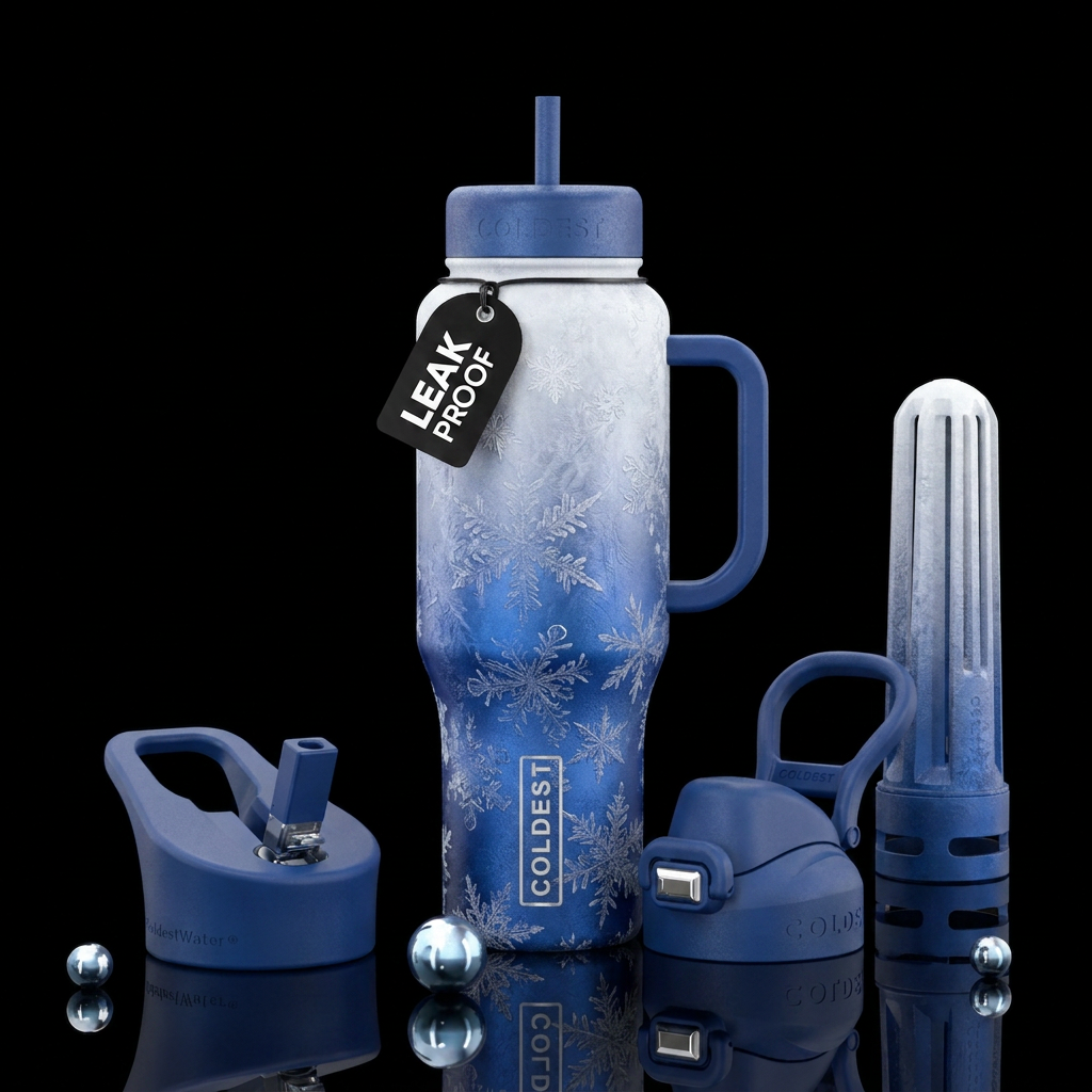 Snowflakes frosted on blue to white ombre water bottle design