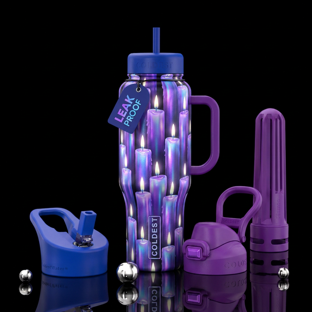 Purple and blue iridescent candles with glow in th... water bottle design