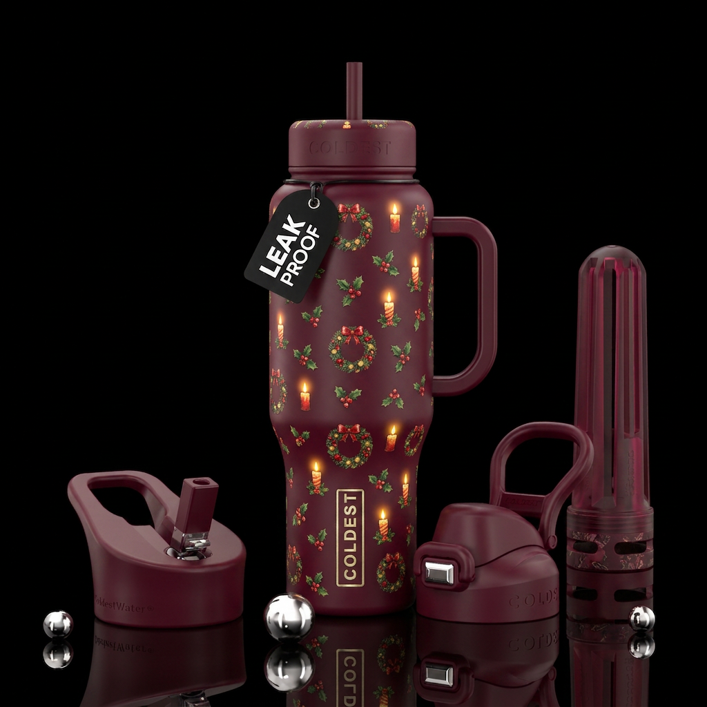 Small scattered red green gold wreaths, holly and ... water bottle design