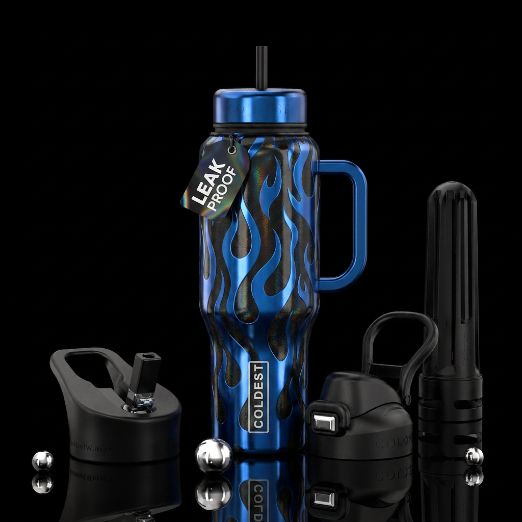 Blue metal flames around black holographic bottle water bottle design