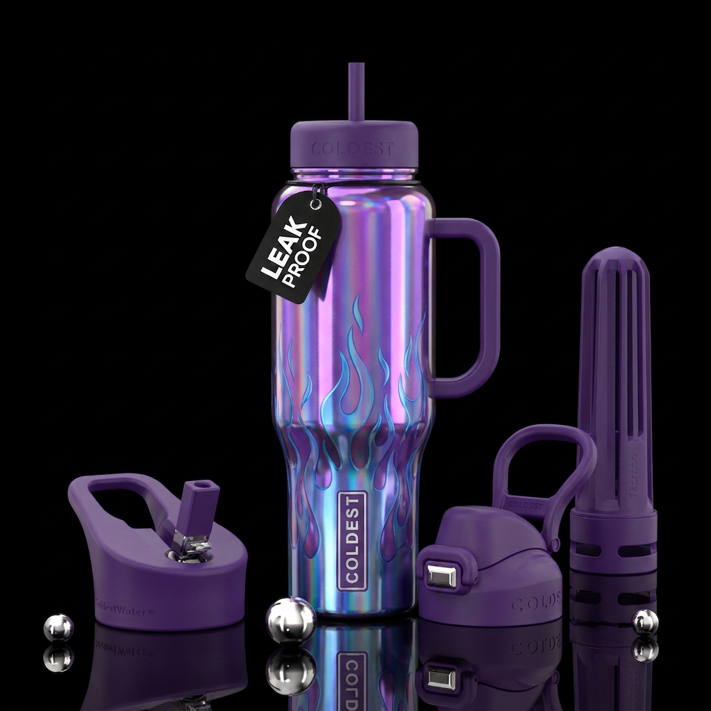 Blue iridescent flames around  purple holographic ... water bottle design