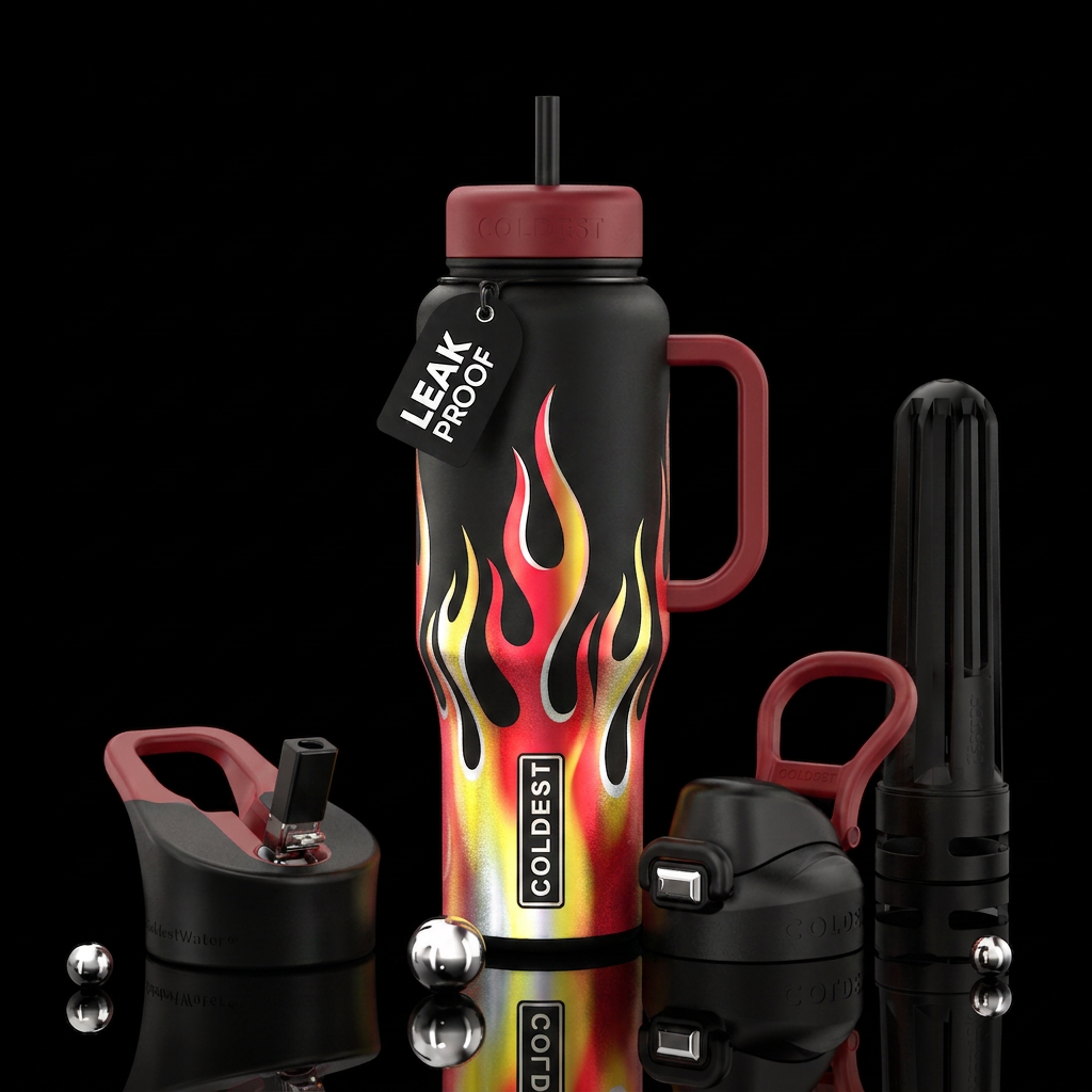 Red yellow white holographic gradient flames oroun... water bottle design