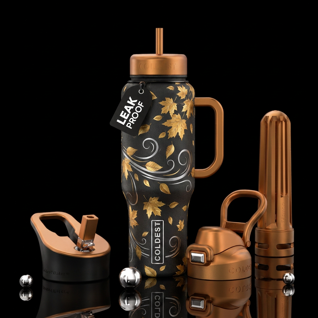 Gold autumn leaves and silver swirling swirls of w... water bottle design