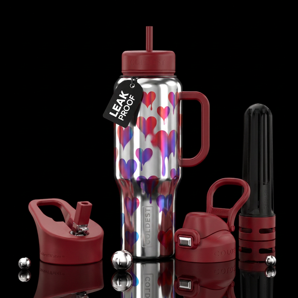 Silver bottle with bleeding red holo hearts water bottle design