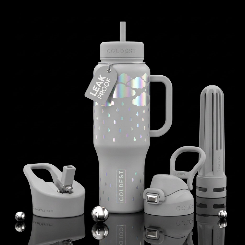 Light Grey bottle with iridescent clouds around to... water bottle design