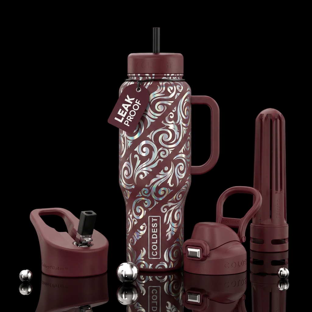 Maroon bottle with slanted silver holographic baro... water bottle design