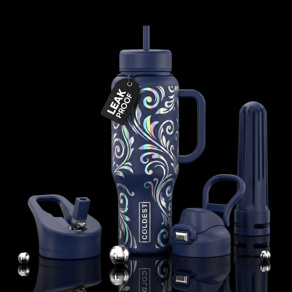 Dark blue  bottle with vining silver holographic b... water bottle design