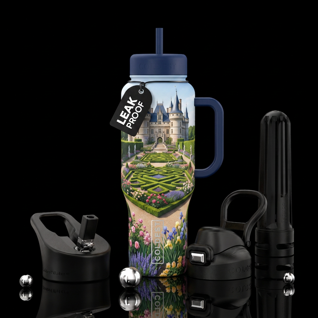 Elegant formal garden of castle water bottle design
