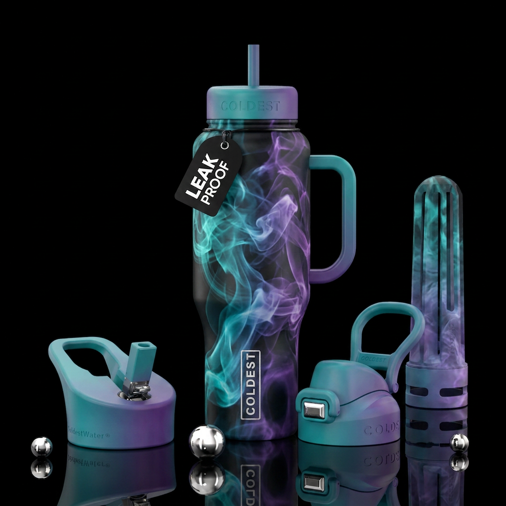 Teal, blue and purple swirling magic smoke water bottle design