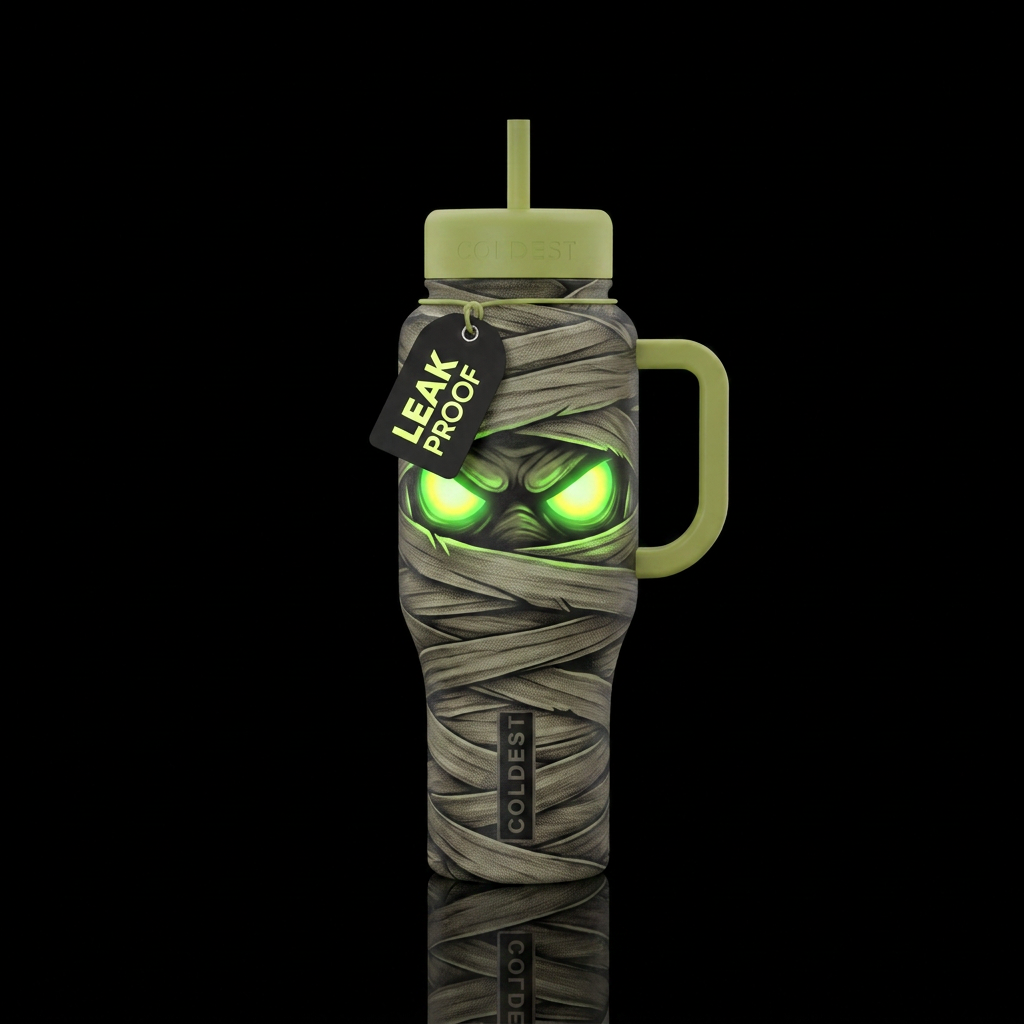 Mummy with scary glow in the dark eyes water bottle design