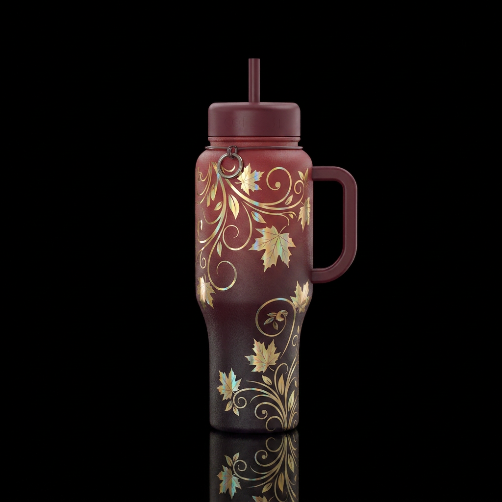 Dark red to burgundy gradient with gold holographi... water bottle design
