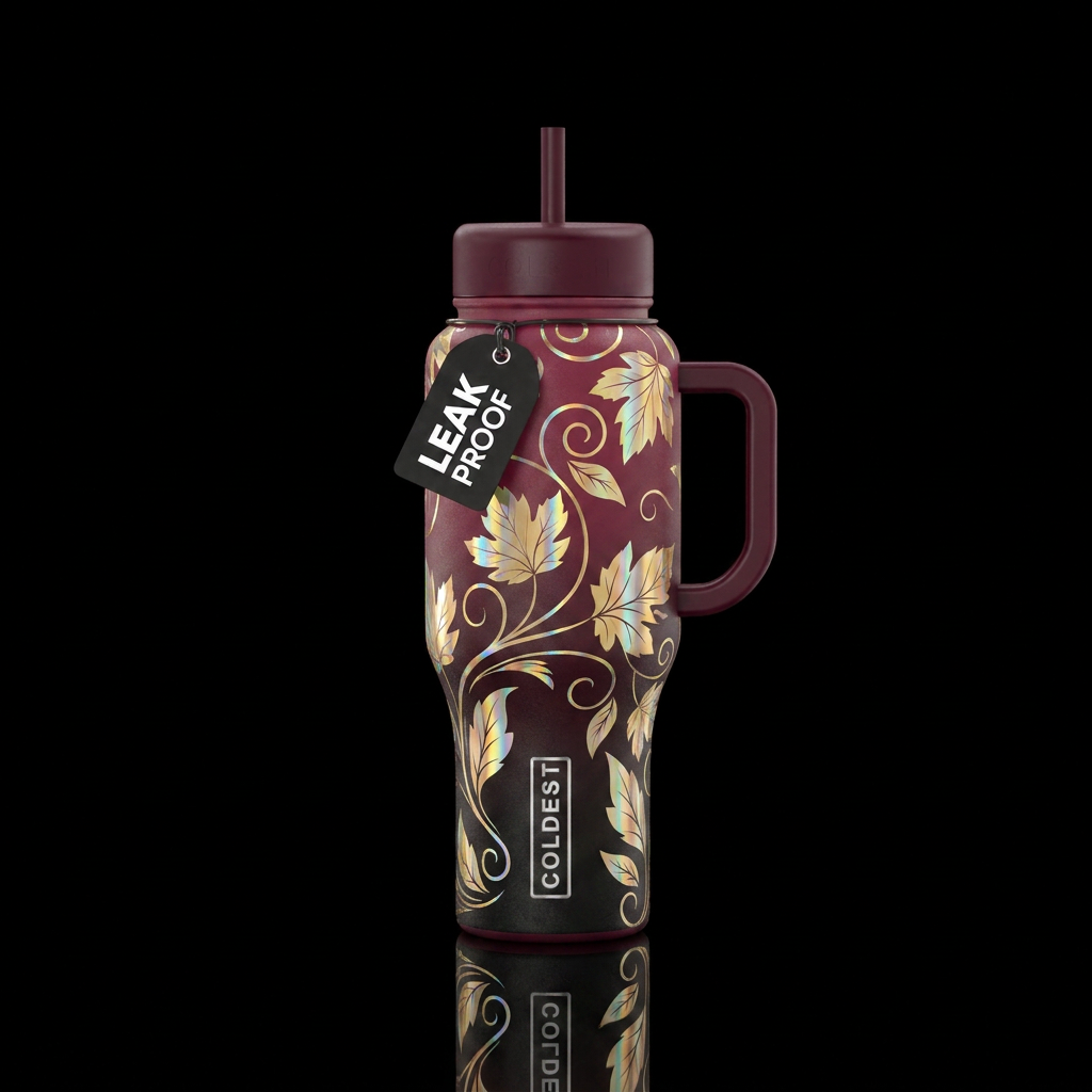 burgundy to black gradient with gold holographic a... water bottle design