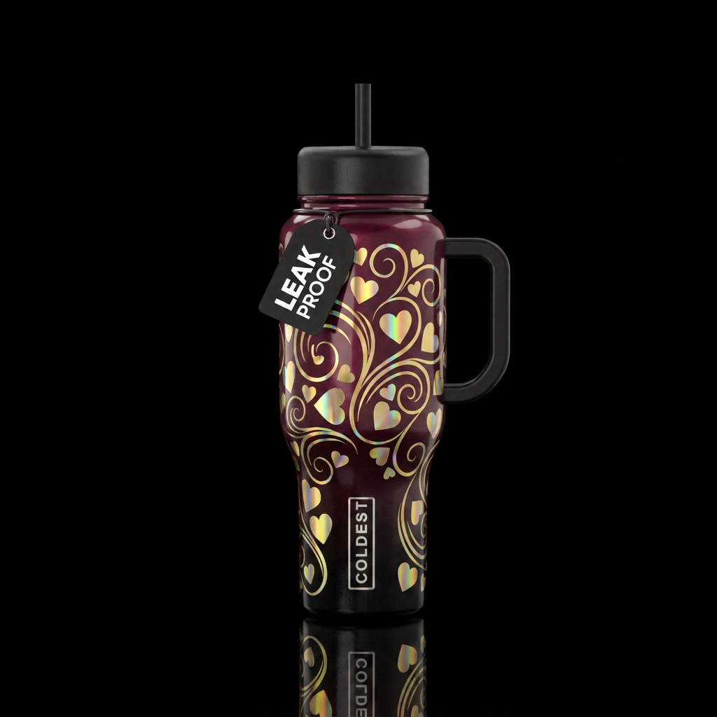 burgundy to black gradient with gold holographic h... water bottle design