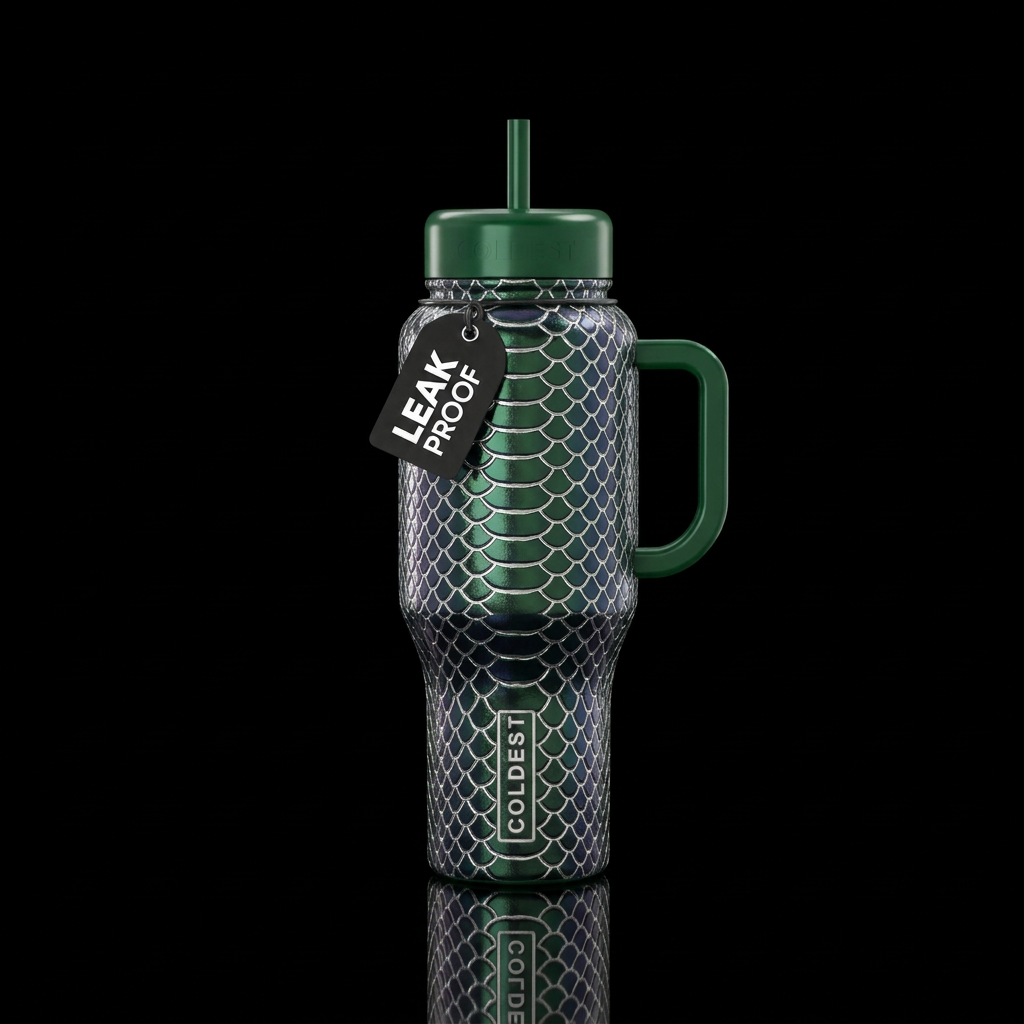 Dark green iridescent snake skin with scales outli... water bottle design