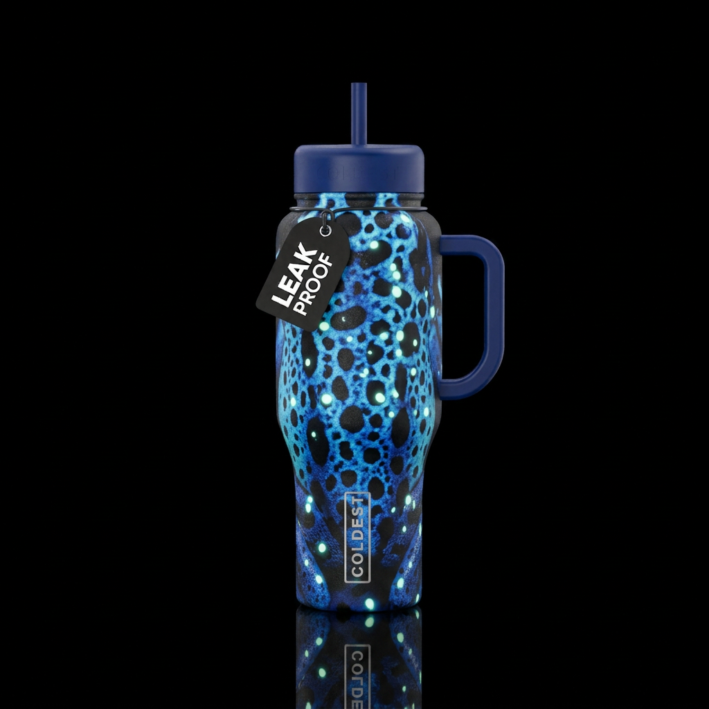 Blue Poison dart frog pattern with glow in the dar... water bottle design