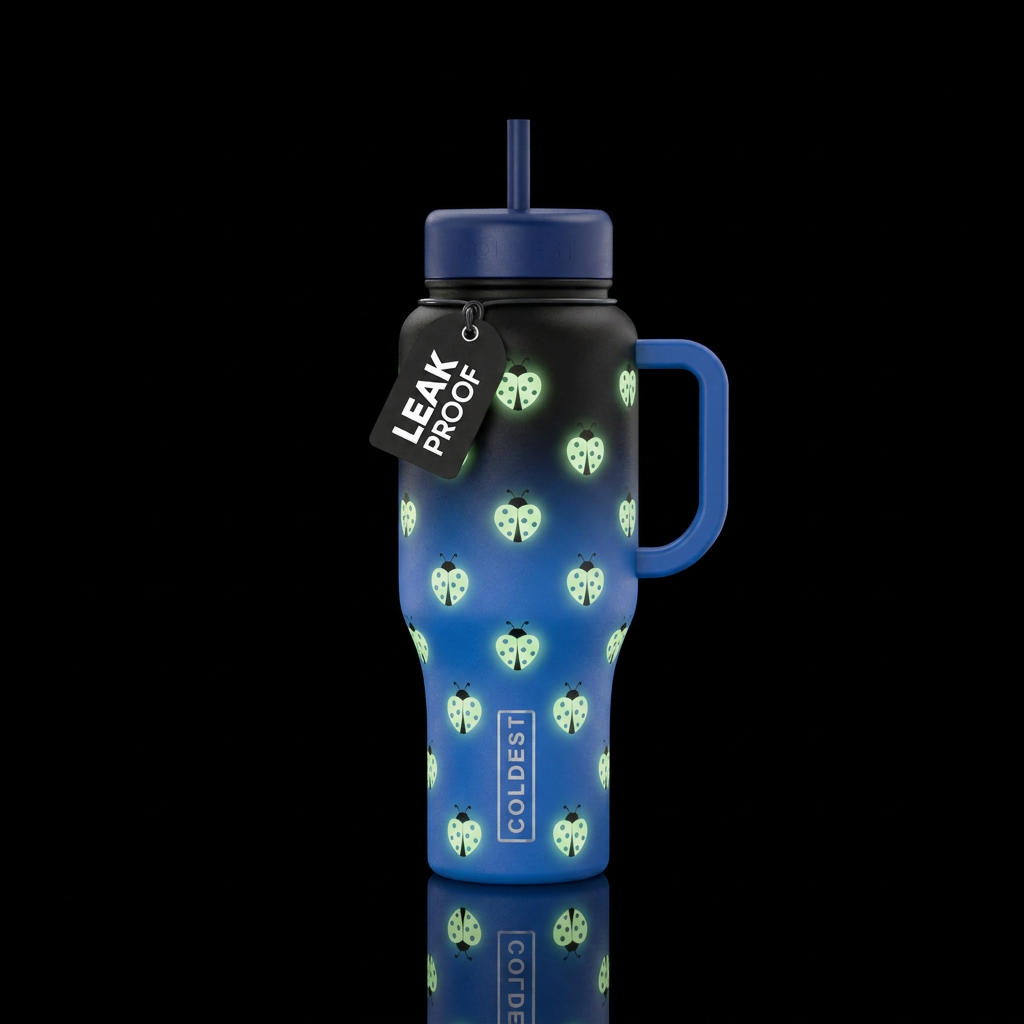 Black to blue bottle with heart shaped ladybugs wi... water bottle design